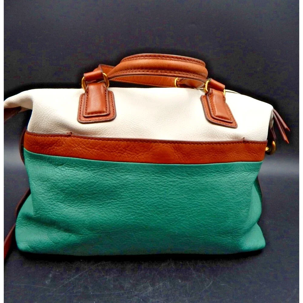 Fossil 1954 Julia Satchel Purse Multi Teal White Leather Handbag Brown Accent